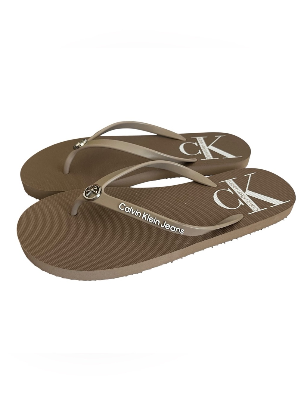 Calvin Klein Jeans Taupe Logo Flip Flop Sandals Womens 9/10 L